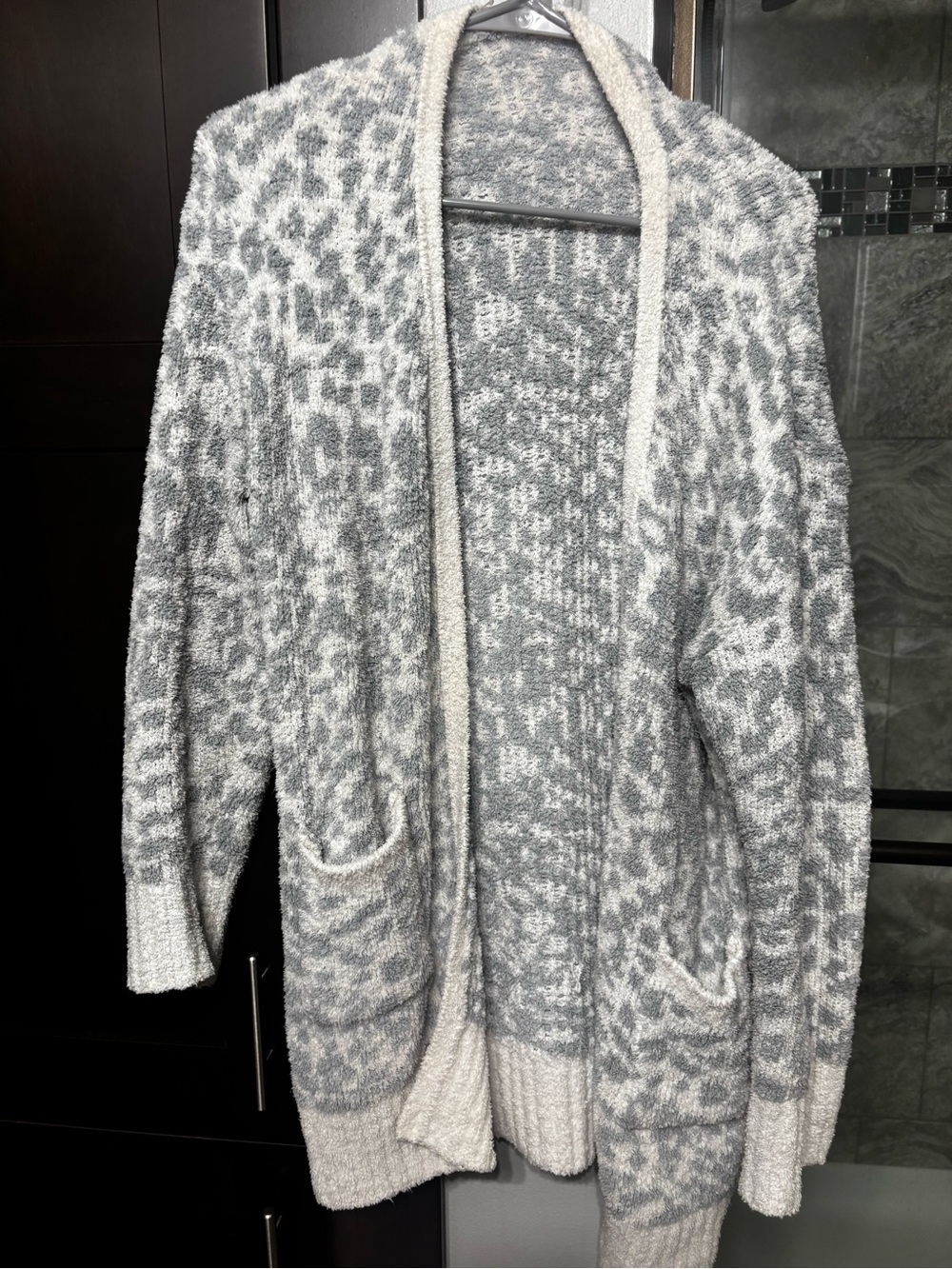 Cozy Gray Leopard Open Front Women’s Cardigan Sweater